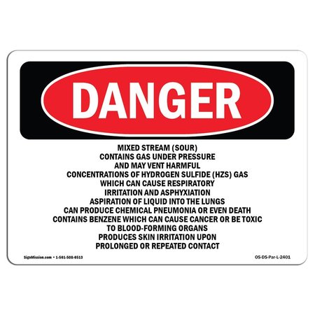SIGNMISSION OSHA Sign, 10" H, 14" W, Aluminum, Mixed Stream (Sour) Contains Gas Under Pressure, Landscape OS-DS-A-1014-L-2401